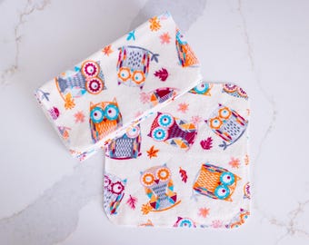 owl reusable napkins, fall cloth napkins, orange flannel washcloth, autumn leaves paperless napkins, halloween cloth wipes