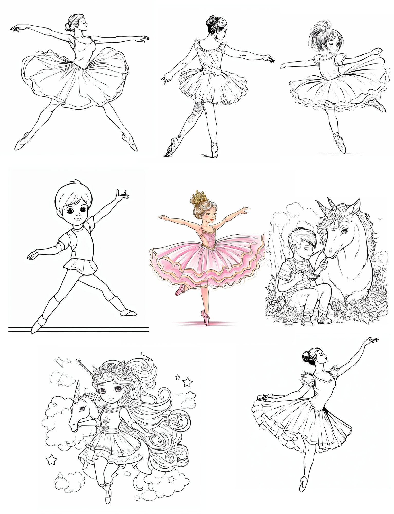 Ballerina and Unicorns Coloring Pages - Etsy