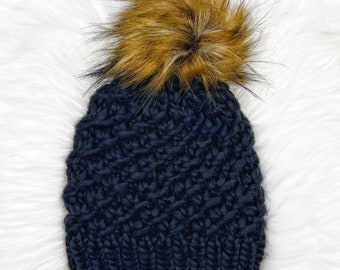 The Luxe Teghan Beanie in Black with Cinnamon Pom