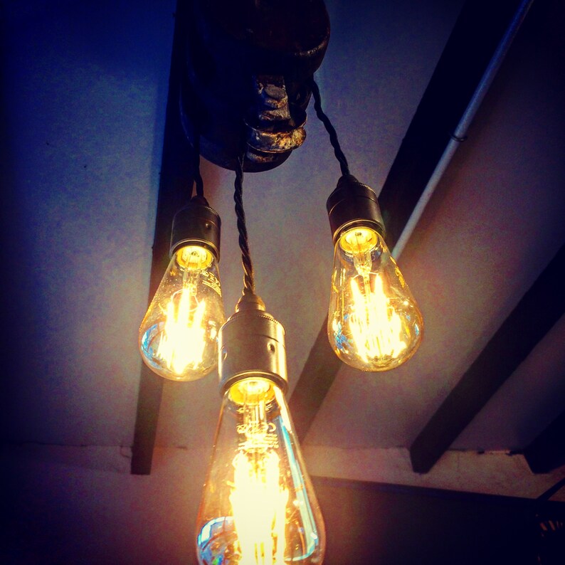 Commissioned Bespoke Ceiling Light French Block And Tackle 3 Drop Pendant Led Retro Vintage Style Cord