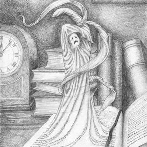 Spooky book ghost blank greeting card, 7"x5"