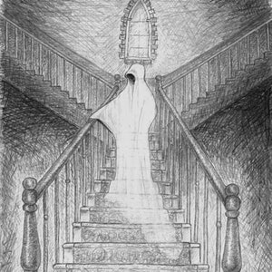 May include: A black and white pencil drawing of a ghost figure standing on a staircase in a house. The ghost is wearing a white sheet and has a hood over its head. The staircase is made of wood and has a railing on either side.