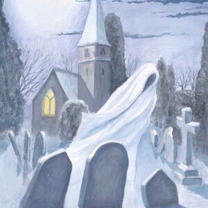 May include: A watercolor painting of a graveyard at night with a church in the background. A white ghost figure is floating over the tombstones. The moon is shining brightly in the sky.