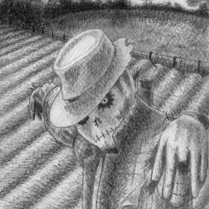 May include: A black and white drawing of a scarecrow with a stitched-up face, wearing a hat and standing in a field. The scarecrow is looking to the right, and the background shows a field and a cloudy sky.