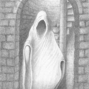 May include: Pencil drawing of a cloaked figure with a featureless face, standing in a stone archway. The figure is draped in a flowing white garment. The background features a brick wall and a spiral staircase.