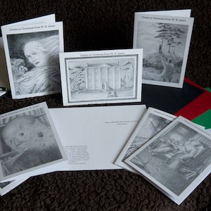 May include: A collection of eight black and white drawings on white paper, each with the title "Glimpses of Christmas from M.R. James". The drawings depict various scenes, including a woman with a crown, a building with columns, and a group of people standing in a forest.