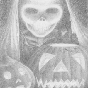 May include: A black and white pencil drawing of a skeleton wearing a hooded robe and holding two jack-o'-lantern pumpkins. The skeleton has a large, toothy grin.