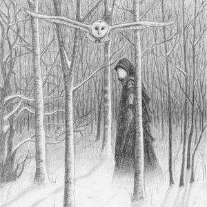 May include: A black and white pencil drawing of a hooded figure walking through a snowy forest. An owl flies overhead. The drawing is signed and dated.