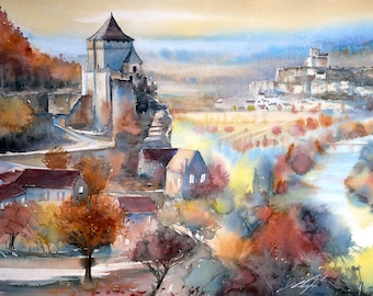 Aquarellreproduktion - Château de Castelnaud-la-Chapelle (und Château de Beynac)