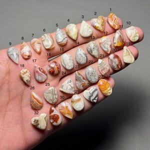 Puede incluir: Una colección de 32 piedras preciosas de ágata pulidas en varias formas y tamaños, mostrando una gama de colores que incluyen blanco, marrón, naranja y gris. Cada piedra tiene patrones y texturas únicos, para joyería o coleccionar.
