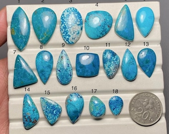 Könnte beinhalten: Eine Sammlung von 18 Türkis-Cabochons, jeder mit einem einzigartigen Muster und Farbvariationen. Die Cabochons sind in Reihen auf einer weißen Oberfläche angeordnet und von 1 bis 18 nummeriert. Eine 20-Malaysian-Ringgit-Münze ist zur Größenbestimmung enthalten.