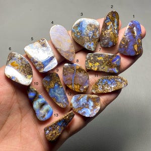 May include: A selection of polished opal gemstones in diverse shapes and sizes. The opals exhibit a blend of blue, gold, and brown hues, with distinctive patterns and textures. The gemstones are held in a hand, highlighting their natural beauty.