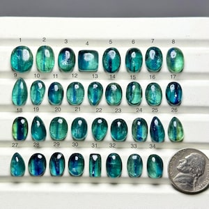 May include: A collection of 34 polished, teal-colored gemstones in various shapes, including ovals, teardrops, and squares. The gemstones are arranged in rows and columns, with a US nickel for size comparison.