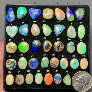 May include: A collection of 36 polished opal gemstones in various shapes and colors, including blue, green, orange, and yellow. The opals are displayed in a black tray, with a US nickel for size comparison.