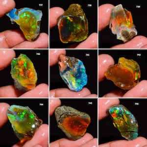 May include: Nine raw opal gemstones with vibrant colors, including blues, greens, oranges, and yellows. Each stone is held in a hand, showcasing the natural, rough textures and iridescent play-of-color. The opals vary in size and shape.
