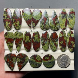 Könnte beinhalten: Eine Sammlung von zehn polierten Drachenblut-Jaspis-Edelsteinen in verschiedenen Formen, darunter oval, tropfenförmig und rund. Die Steine zeigen eine Mischung aus tiefroten und grünen Farbtönen, mit einer Münze zum Größenvergleich. Die Edelsteine sind auf einer weißen Oberfläche angeordnet.