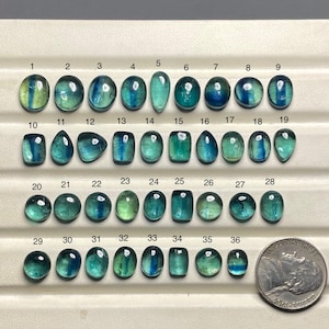 May include: A collection of 36 polished, teal-colored gemstones of various shapes, including ovals, teardrops, and rectangles, arranged on a white surface. A US quarter coin is included for size comparison. Each stone is numbered.