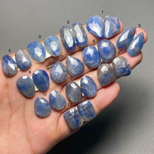 May include: A selection of faceted blue sapphires in diverse shapes, such as oval, pear, and rectangular cuts. The gemstones are presented on a hand, highlighting their colour and clarity. Each stone is numbered for identification.