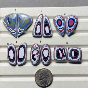 Puede incluir: Una colección de seis pares de cabujones de piedra pulida con patrones únicos. Los cabujones presentan una variedad de formas y colores, incluyendo blanco, gris, rojo y azul. Se incluye una moneda de níquel estadounidense como referencia de tamaño.