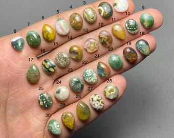 May include: A selection of thirty polished gemstones in diverse shapes and hues, including green, brown, yellow, and white. Each stone is numbered and held in a hand, displaying their unique patterns and textures. The gemstones are oval, teardrop, and round.