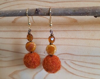 Earrings orange felted wool