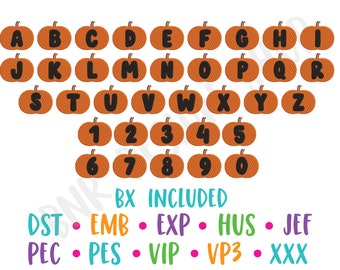 Polices de broderie Machine Alphabet citrouille | Police de caractère brodée BX | Broderie d'automne | Fichier de police d'Halloween