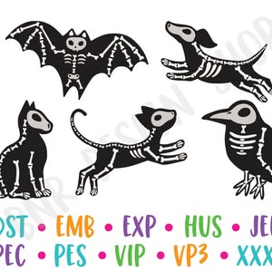 May include: Five black and white skeleton animal illustrations: a bat, a cat, a dog, a bird, and a kitten. The animals are all in a playful pose.