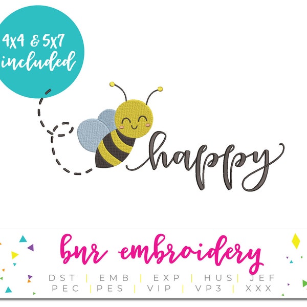 Bee Embroidery Design, Be Happy Embroidery, Bumble Bee Embroidery Design, Embroidery Pattern, Embroidery File