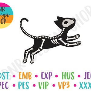 May include: Black and white skeleton cat illustration. DST, EMB, EXP, HUS, JEF, PEC, PES, VIP, VP3, XXX.
