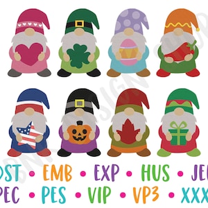 Gnome Embroidery Bundle, 8 Designs, Gnome Machine Embroidery Design, Embroidery Pattern, Embroidery File, Instant Download