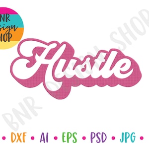 以下が含まれることがあります： ピンクと白のグラフィックデザインで、「Hustle」という単語がスタイリッシュなフォントで書かれています。