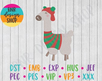 May include: A white llama wearing a red and green striped sweater and a red hat with green pom poms. The llama is standing on a white wood background.  DST, EMB, EXP, HUS, JEF, PEC, PES, VIP, VP3, XXX