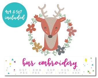 May include: Embroidered design of a deer with antlers in a floral wreath. The design is available in 4x4 and 5x7 inch sizes. The text "bur embroidery" is at the bottom of the image.