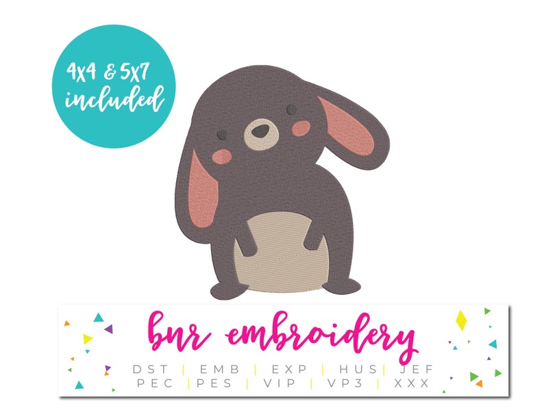 Puede incluir: Un dise&ntilde;o de bordado digital de un lindo conejito marr&oacute;n con orejas rosas. El dise&ntilde;o est&aacute; disponible en tama&ntilde;os de 4x4 y 5x7 pulgadas. El texto "bur embroidery" se muestra debajo del conejito.