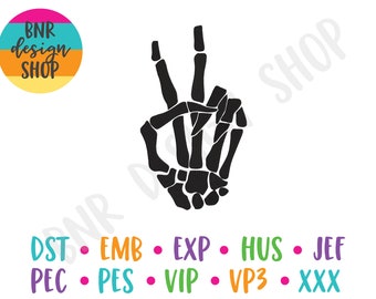 Skeleton Hand Embroidery Design for Halloween, Skeleton Embroidery File Trendy, Halloween Embroidery Design for Machine, Skeleton Peace Sign