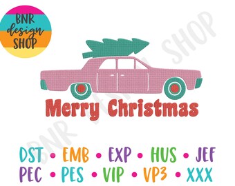 May include: A pink vintage car with a green Christmas tree on top. The car has red wheels and the text "Merry Christmas" is written below the car.