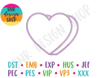 Könnte beinhalten: Zwei überlappende lila Herzformen. Der Text "BNR design SHOP" befindet sich oben im Bild. Unter den Herzen steht der Text "DST EMB EXP HUS JEF PEC PES VIP VP3 XXX" in verschiedenen Farben.