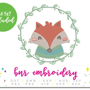 Fox Machine Embroidery Design, Wreath Embroidery Design, Boho Embroidery Pattern, Embroidery File