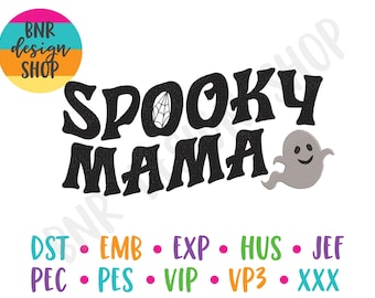 May include: Spooky Mama embroidery design with a ghost and spider web. Available in DST, EMB, EXP, HUS, JEF, PEC, PES, VIP, VP3, and XXX formats.