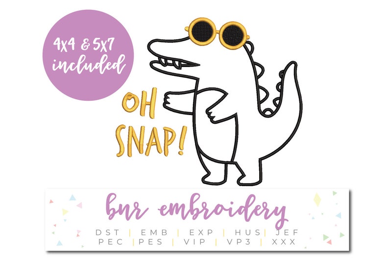 K&ouml;nnte beinhalten: Eine Schwarzwei&szlig;-Zeichnung eines Alligators mit Sonnenbrille und dem Text "Oh Snap!" in Gold. Das Bild ist f&uuml;r Stickereien und umfasst die Gr&ouml;&szlig;en 4x4 und 5x7 Zoll.
