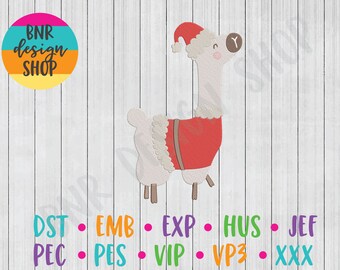 May include: A white llama wearing a red Santa suit with a white trim and a white Santa hat. The llama has a brown nose and a happy expression. The background is a white woodgrain.