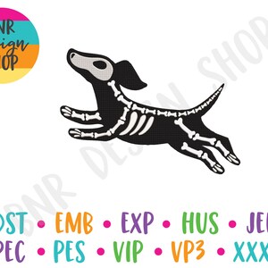 May include: Black and white illustration of a skeleton dog running. The dog is in a jumping pose with its legs extended. The image is on a white background.
