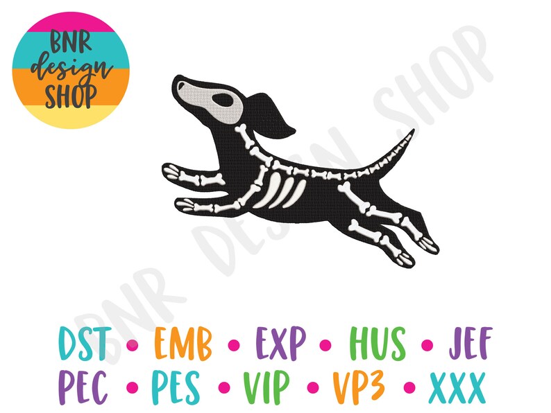 May include: Black and white illustration of a skeleton dog running. The dog is in a jumping pose with its legs extended. The image is on a white background.