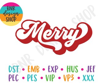 May include: Red and white "Merry" text in a retro font style. The text is outlined in white and has a red background. The text is on a white background.