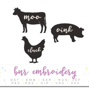Moo Cluck Oink Farm Animal Machine Embroidery Design with Cow and Pig and Chicken for Farmhouse Decor