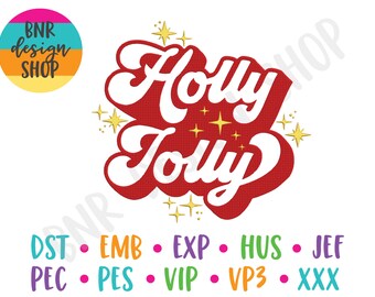 Op de afbeelding: Rode en witte retro-stijl tekst die "Holly Jolly" leest met gouden sterren rond de tekst.