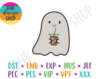 Ghost Embroidery Designs for Halloween, Ghost Iced Coffee Embroidery Design, Trendy Embroidery File Halloween, Iced Coffee Ghost Embroidery