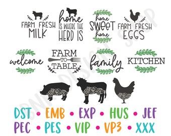 May include: A collection of farmhouse-themed designs with text and illustrations. The image includes phrases like "Farm Fresh Milk," "Home Sweet Home," and "Farm to Table." Silhouettes of a cow, pig, and chicken are also featured.