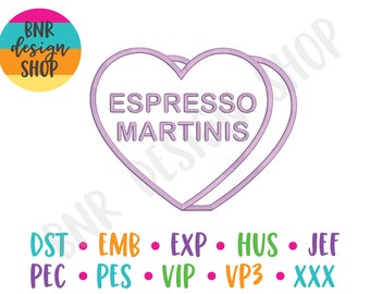May include: A pink heart-shaped candy with the text "ESPRESSO MARTINIS" in black lettering.
