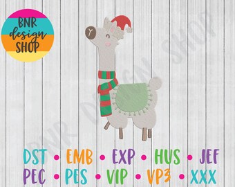 May include: A white llama wearing a red and green scarf and a red Santa hat. The llama is standing on a white wood background. The text "BNR design SHOP" is in a circle with a rainbow color scheme.